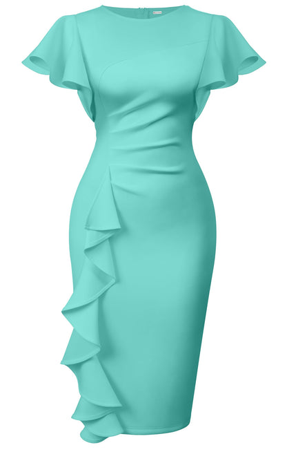 Cato Fashions Online - Women's Vintage Ruffle Sleeve Bodycon Midi Dress - Church Work Office Pencil Dress Lake Blue