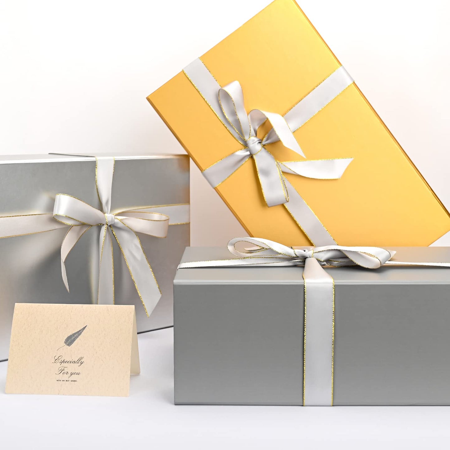 Gift Boxes with Lids 2 Pack - Magnetic Closure with Ribbon, Card, Filler & Sticker