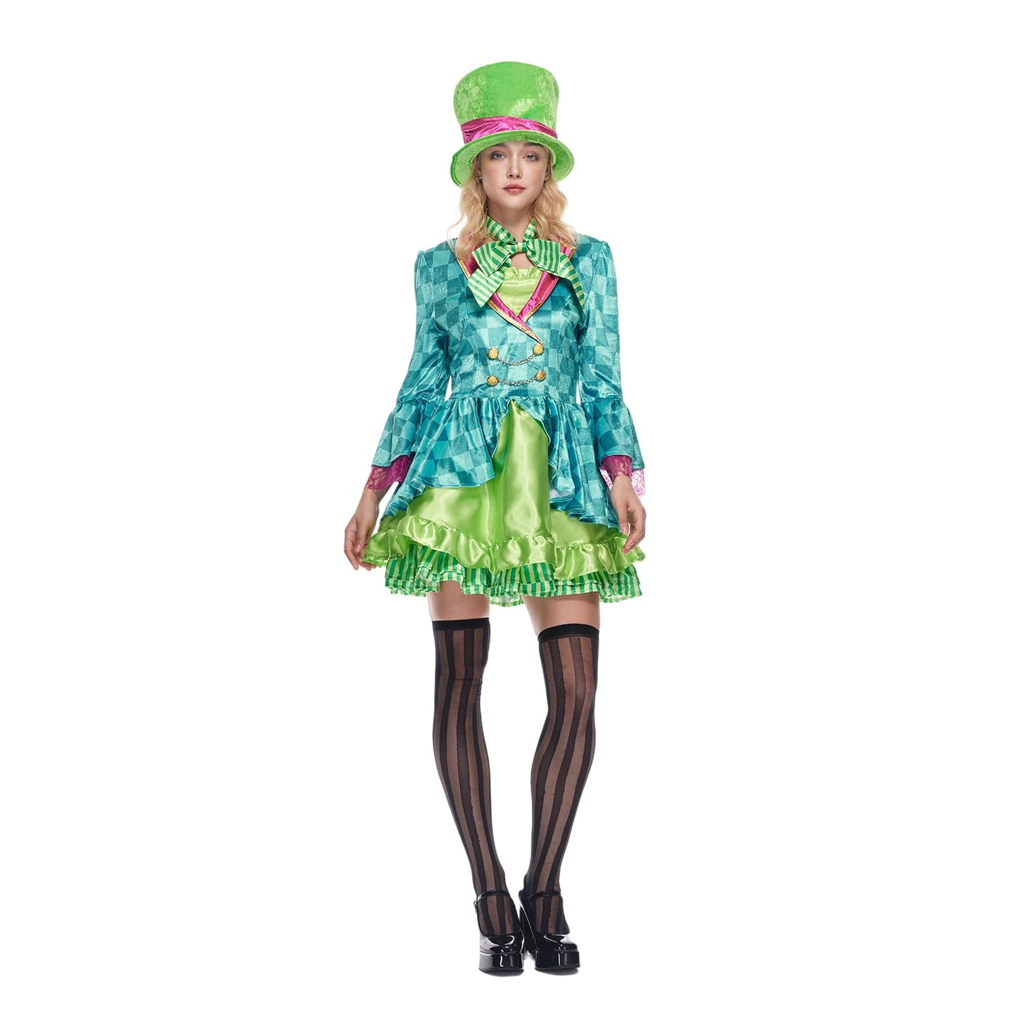 Women's Mad Hatter Costume - Green Dress with Top Hat and Bow Tie
