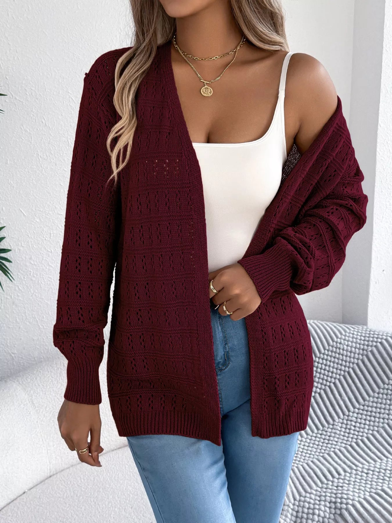 Open-Front Crochet Knit Cardigan