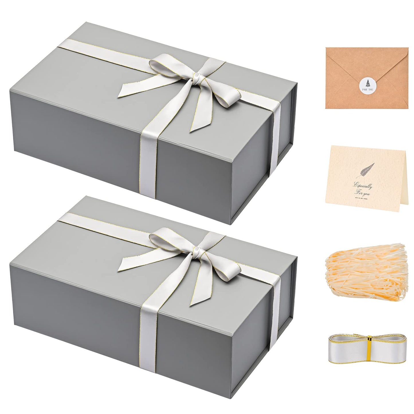 Gift Boxes with Lids 2 Pack - Magnetic Closure with Ribbon, Card, Filler & Sticker 1 Count (Pack of 2) Grey