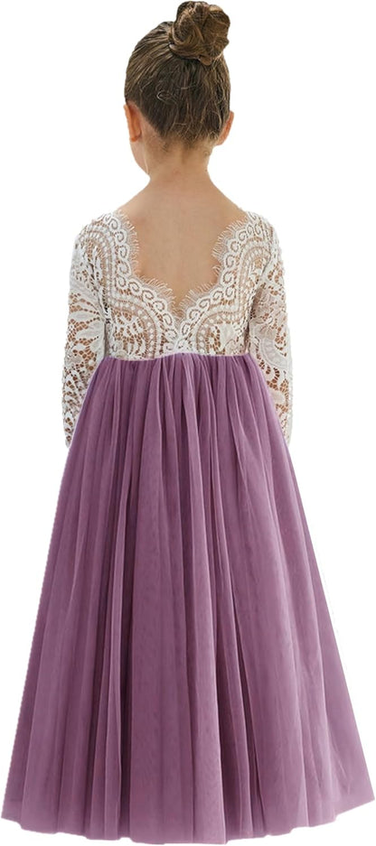 Girls Tulle Flower Girl Dress - Lace Back A-Line Party Dress Mauve Sleeve Maxi