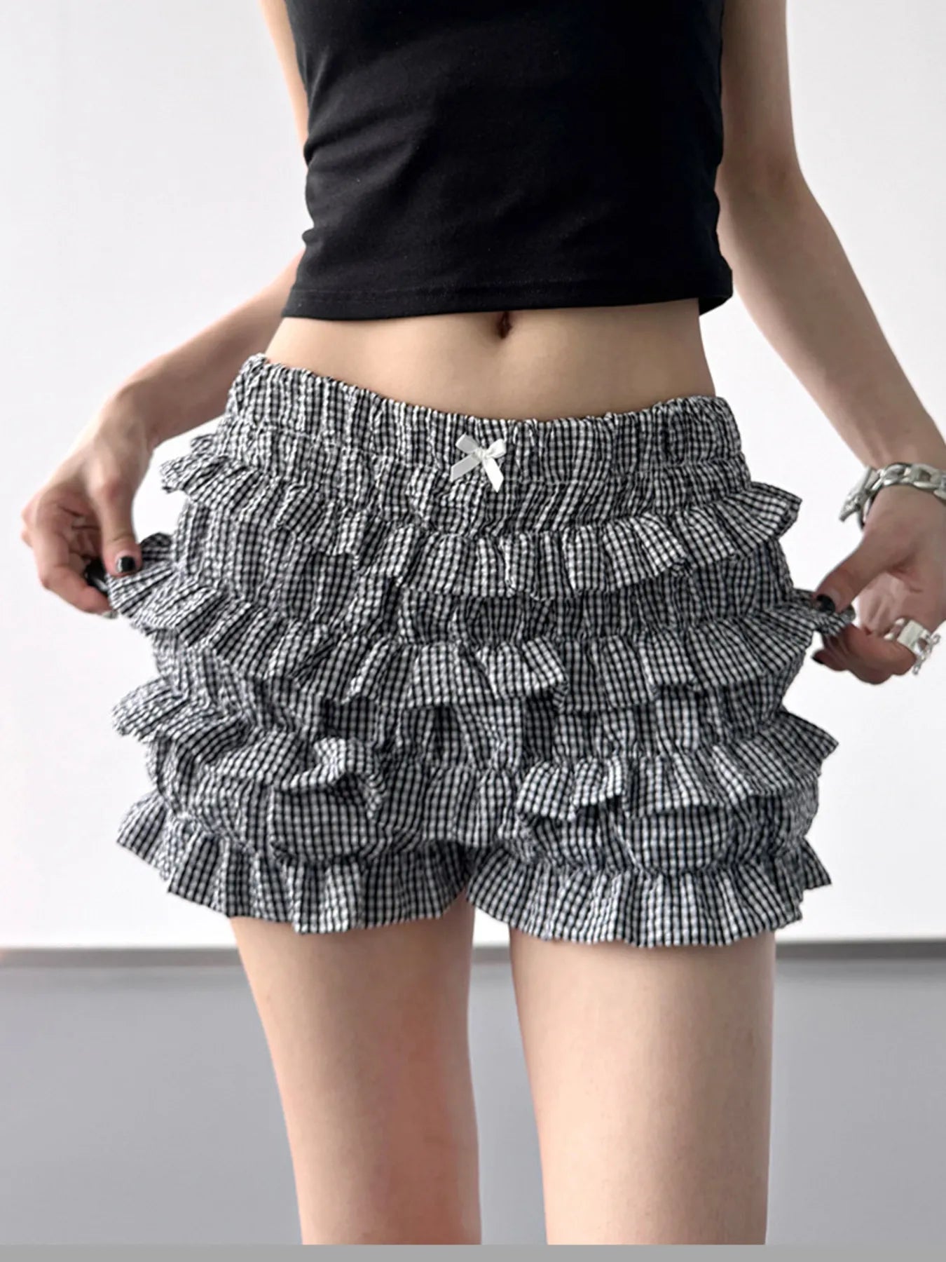 Plaid Ruffled Layered Shorts Black