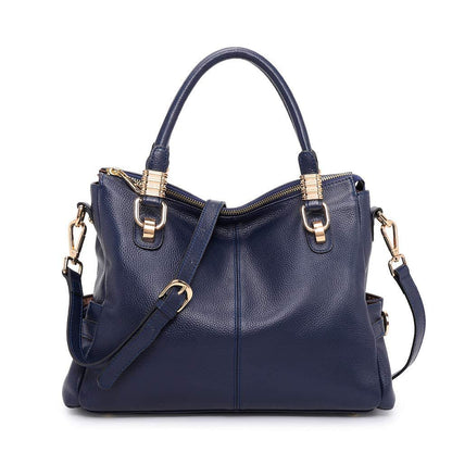Women Genuine Leather Handbag - Soft Satchel Tote Shoulder Bag with Adjustable Strap Dark Blue