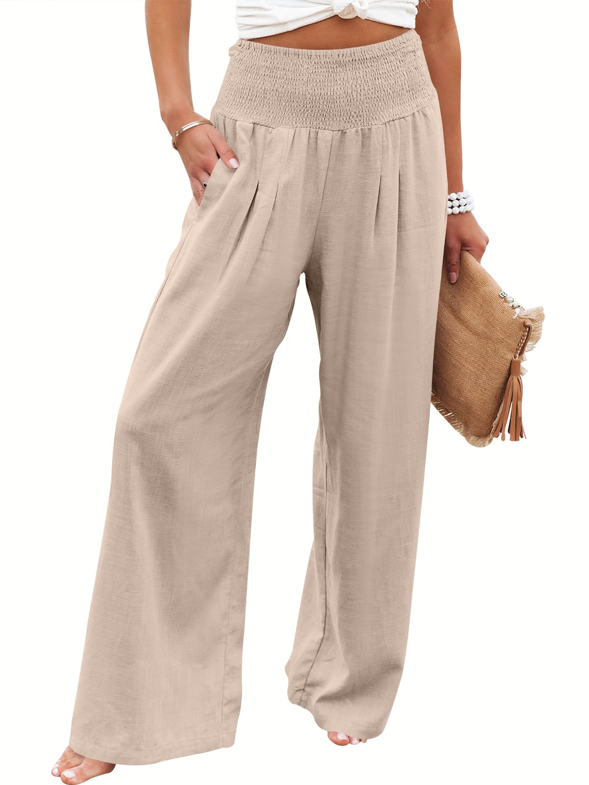 Linen Palazzo Pants Women Wide Leg High Waist Summer Boho Casual Lounge Pants Almond