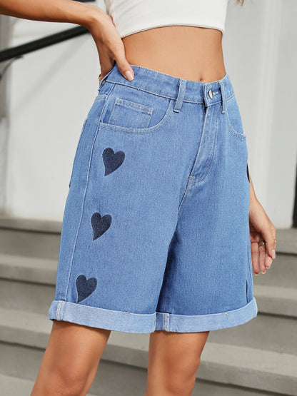 Heart-Pattern Rolled Hem Denim Shorts