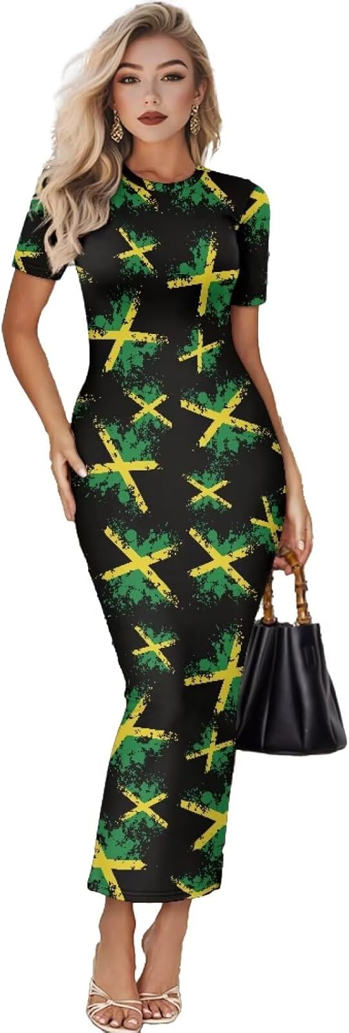 Women's Jamaican Flag Bodycon Midi Dress Short Sleeve XX-Large Jamaica Flag Yellow