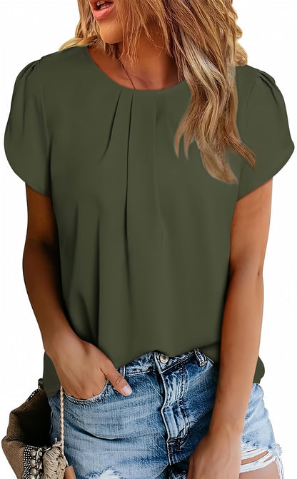 Polyester Blouses - Women's Chiffon Blouse Short Sleeve Pleated Top with Keyhole Back Detail