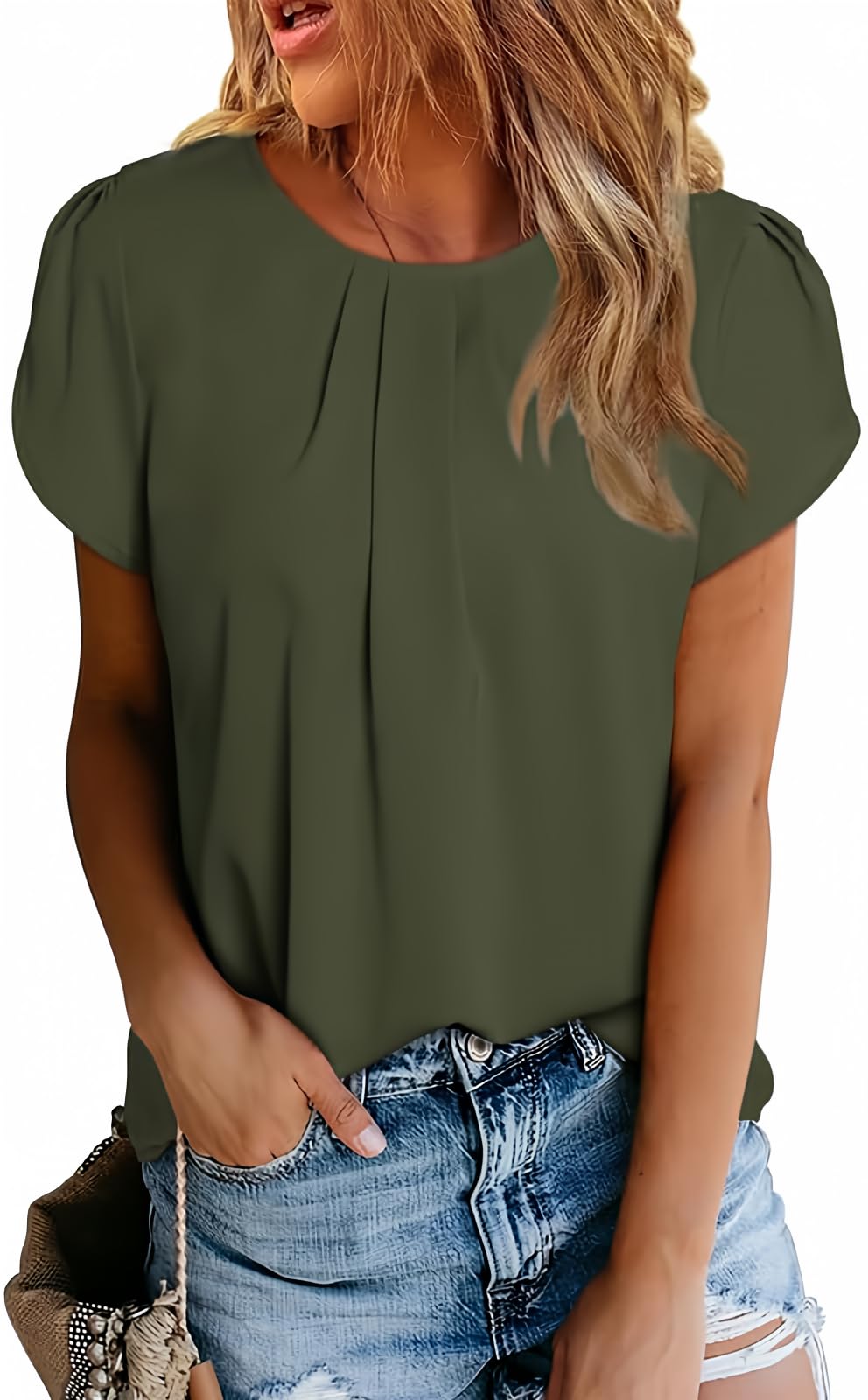 Polyester Blouses - Women's Chiffon Blouse Short Sleeve Pleated Top with Keyhole Back Detail