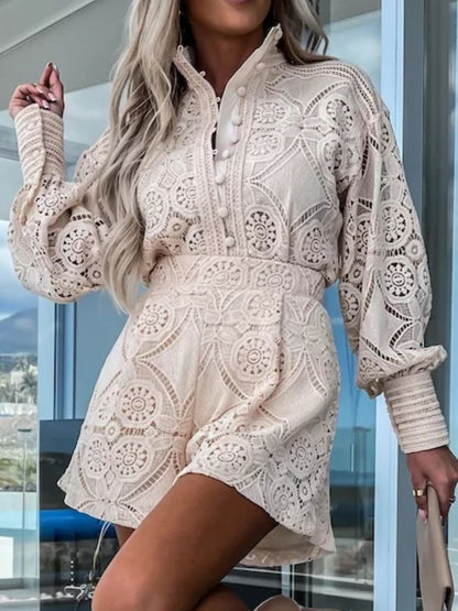 Lace Button Detail Long Sleeve Top and Shorts Set