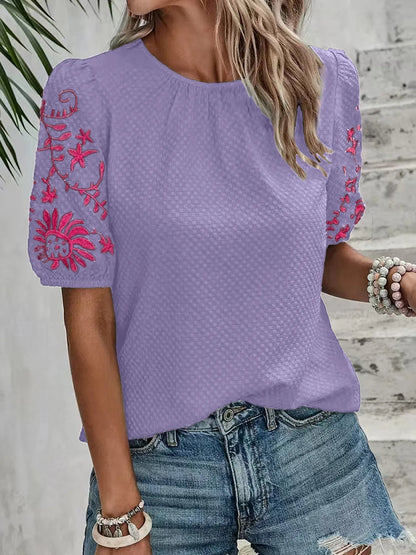 Embroidered Floral Sleeve Textured Blouse Lilac