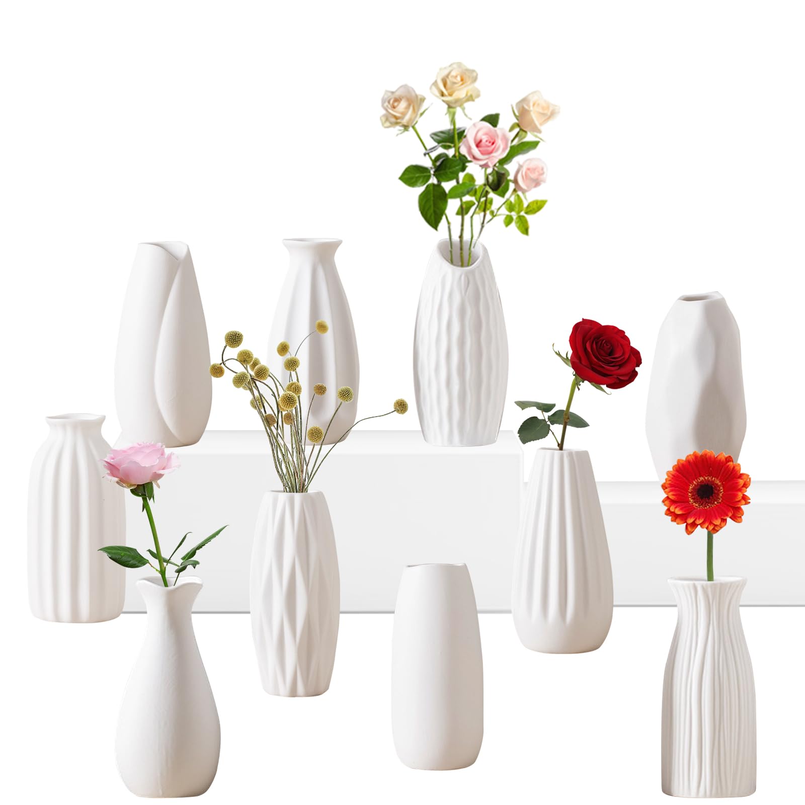 White Ceramic Bud Vases Set of 10 - 5 Inch Small Mini Vases for Flowers Centerpieces Decor 10pcs-01