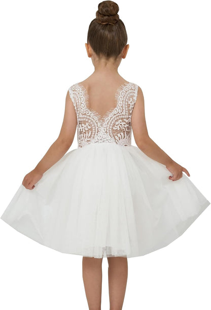 Girls Tulle Flower Girl Dress - Lace Back A-Line Party Dress 5T White Sleeveless Short