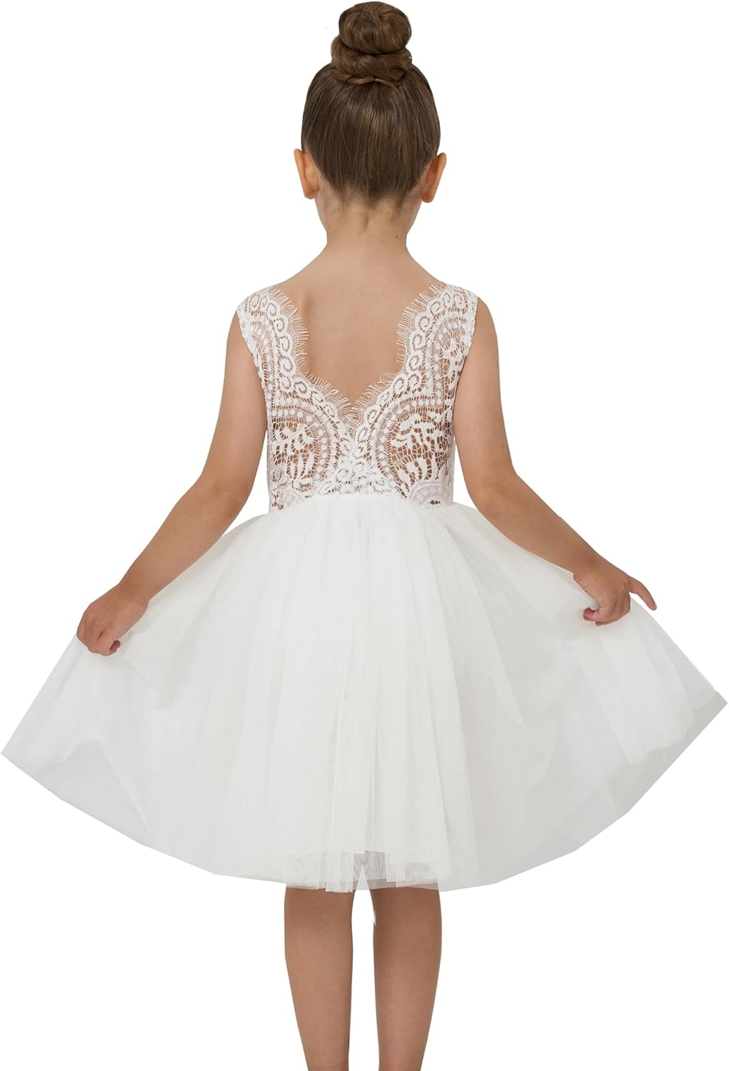 Girls Tulle Flower Girl Dress - Lace Back A-Line Party Dress 5T White Sleeveless Short