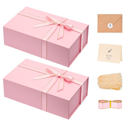 Gift Boxes with Lids 2 Pack - Magnetic Closure with Ribbon, Card, Filler & Sticker 1 Count (Pack of 2) Pink