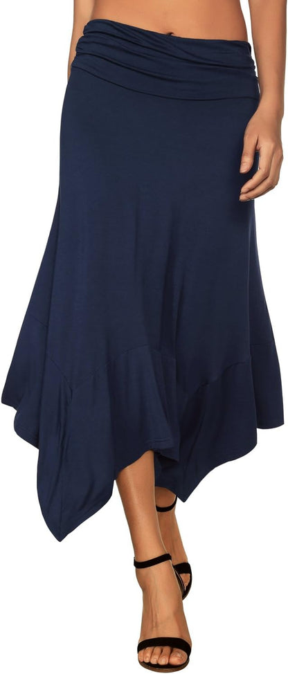 Women's Flowy Handkerchief Hemline Midi Skirt - Elastic Waist Asymmetrical Hem Navy
