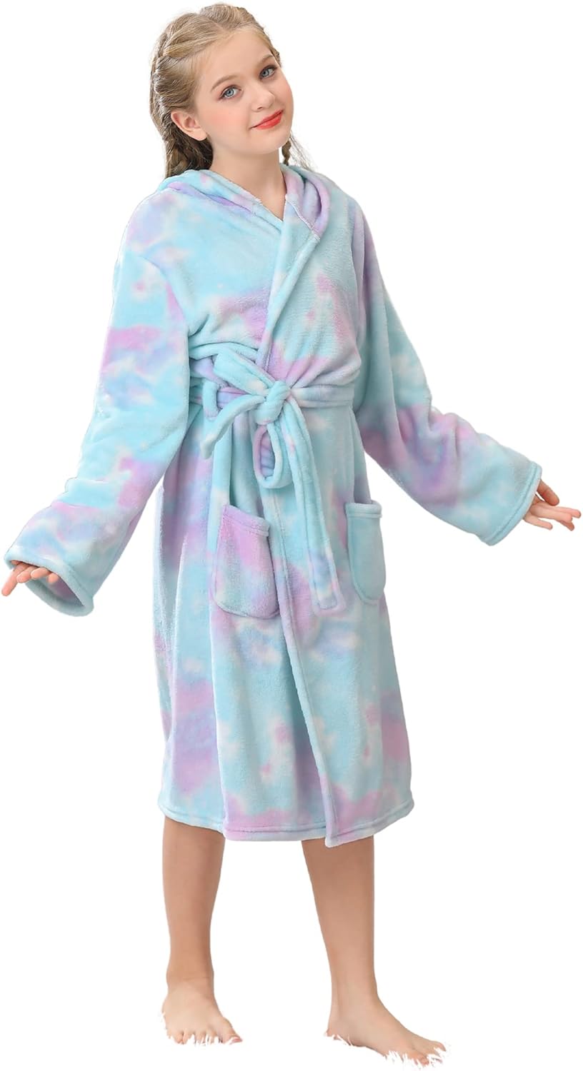 Girls Hooded Fleece Bathrobe - Soft Plush Warm Robe for Kids 3-14 Years