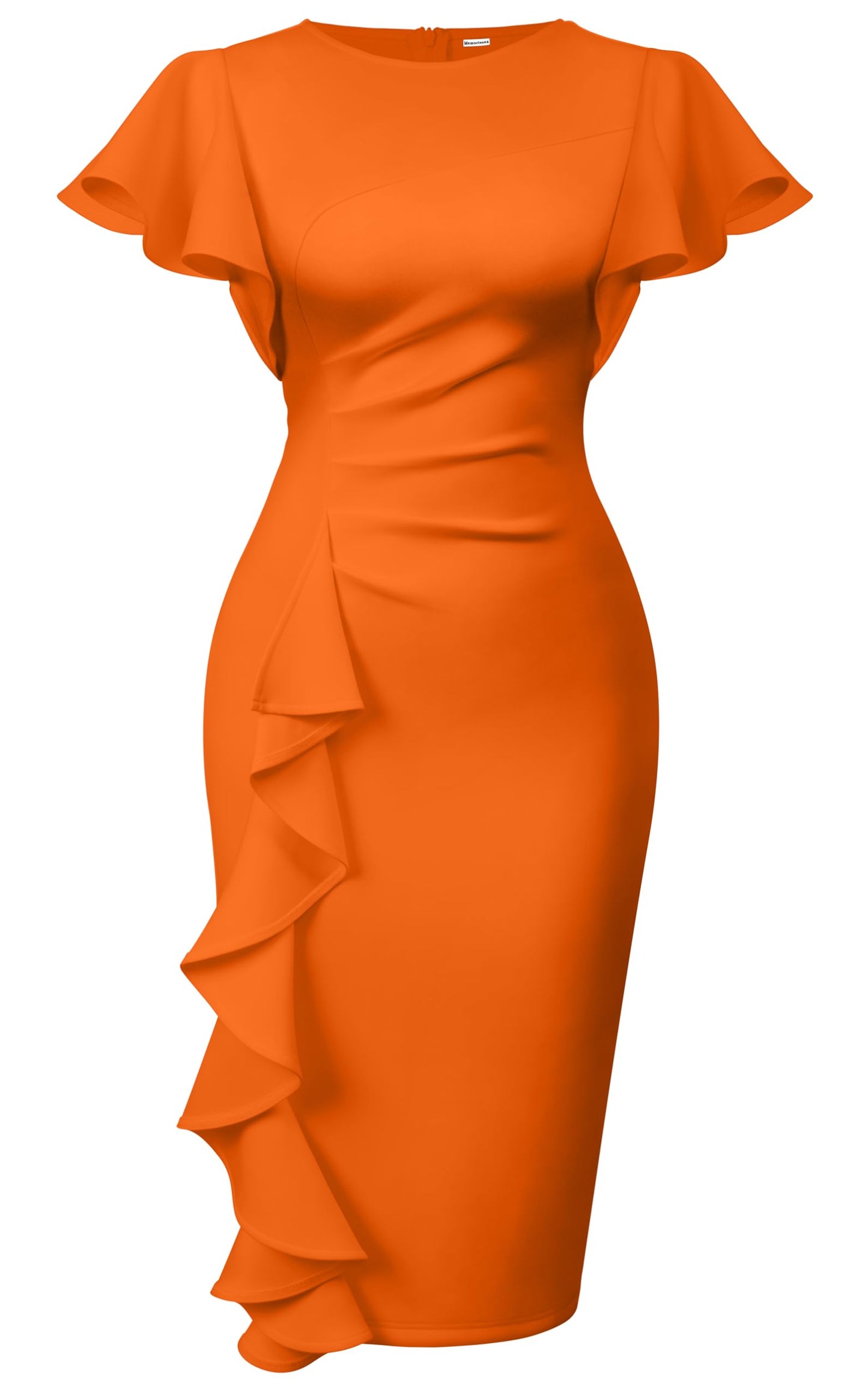 Cato Fashions Online - Women's Vintage Ruffle Sleeve Bodycon Midi Dress - Church Work Office Pencil Dress Orange