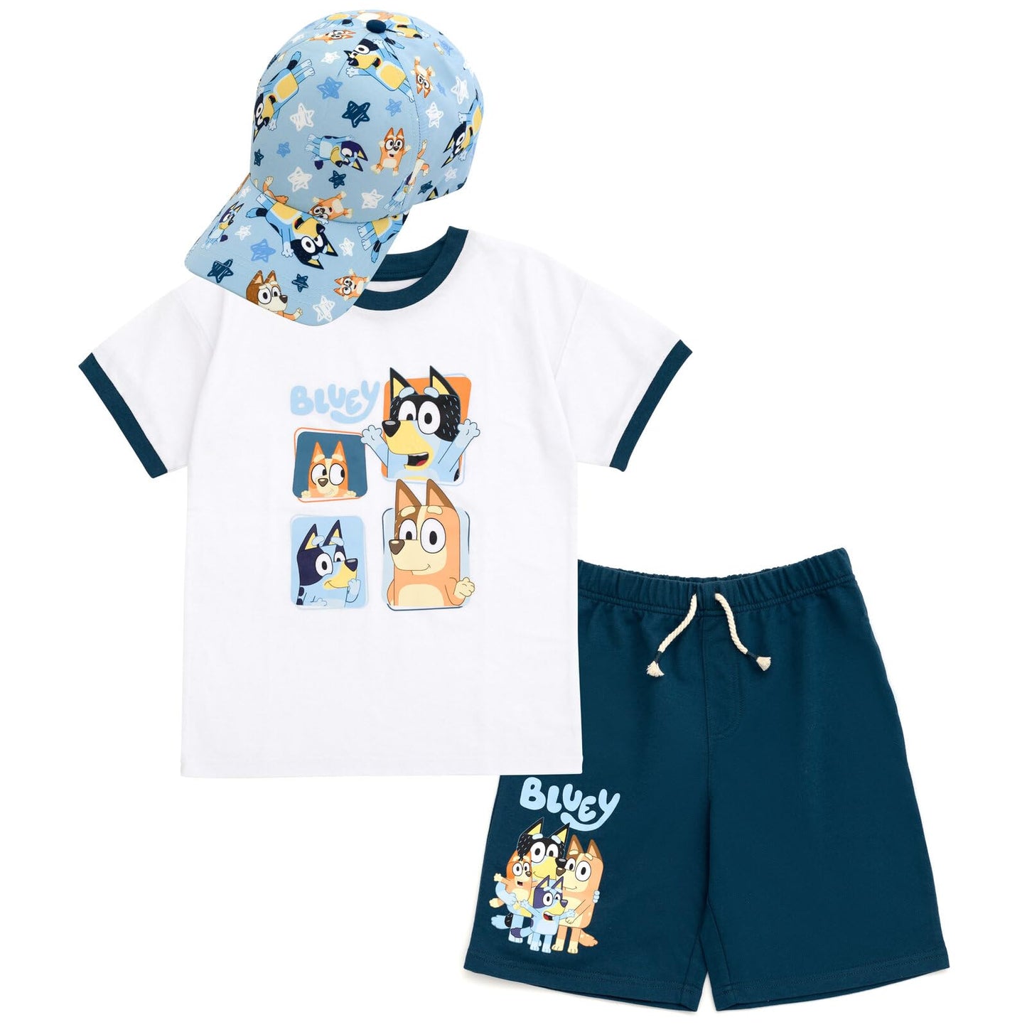 Bluey 3-Piece Kids Outfit Set - T-Shirt, Shorts & Baseball Cap for Toddlers to Big Kids Bluey & Family