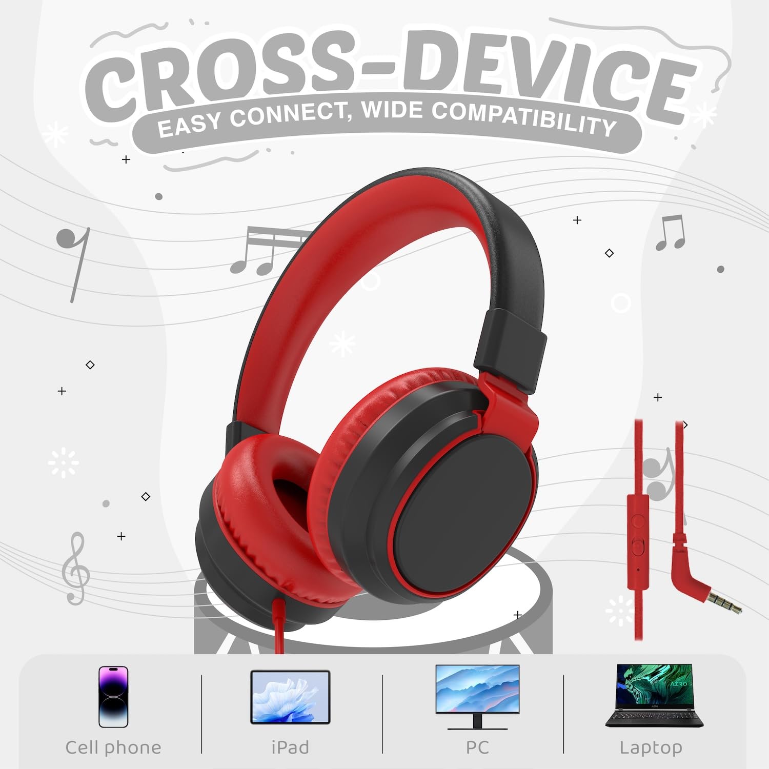 Kids Headphones Volume Limited 85/94dB - Wired Over-Ear Foldable Headset with Microphone Pink