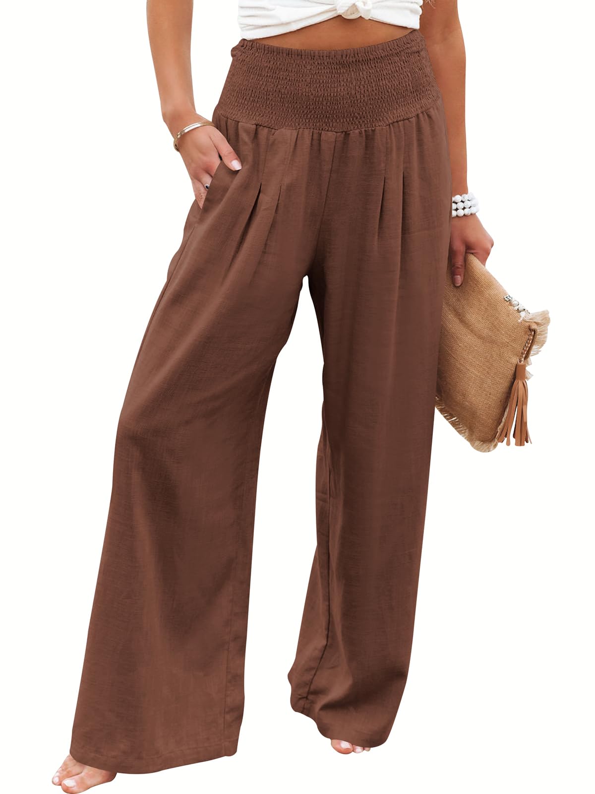 Linen Palazzo Pants Women Wide Leg High Waist Summer Boho Casual Lounge Pants Red Brown