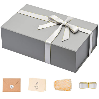 Gift Boxes with Lids 2 Pack - Magnetic Closure with Ribbon, Card, Filler & Sticker 1 Count (Pack of 1) Grey