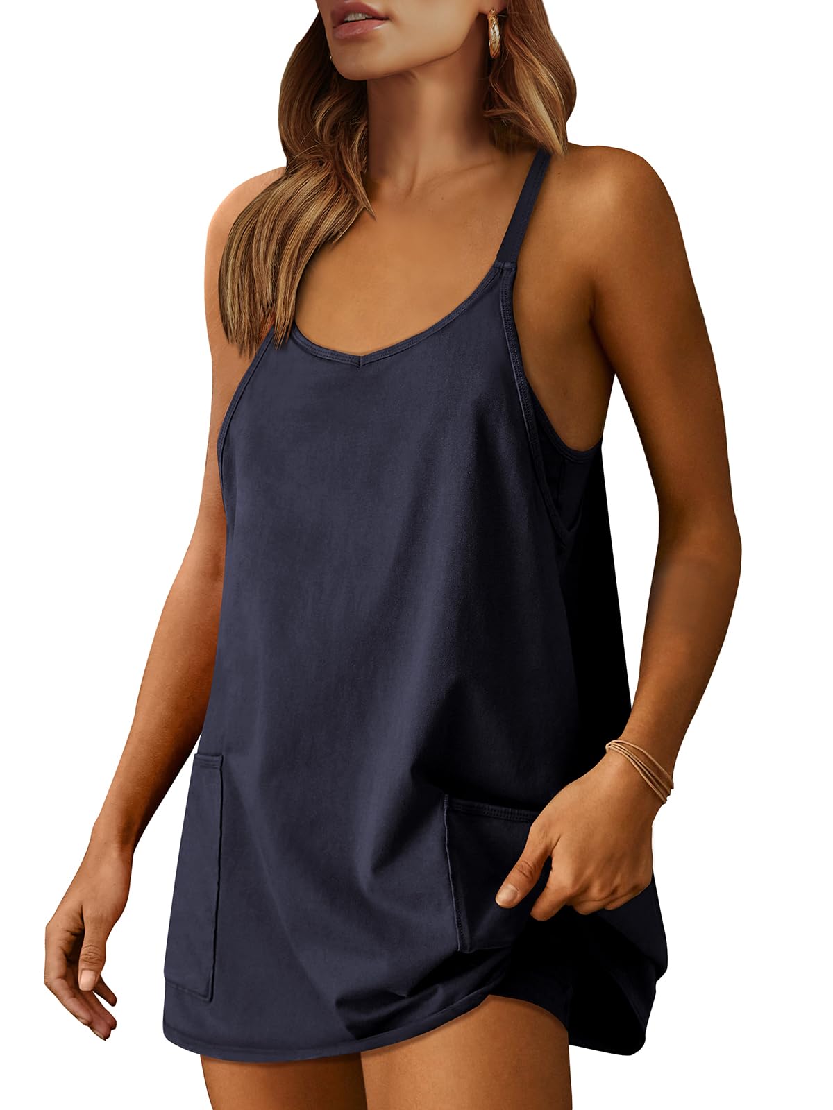 Athletic Dress Women Tennis Workout Sports Mini Romper with Built-in Shorts Navy Blue