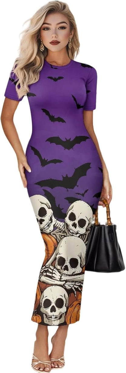 Women's Jamaican Flag Bodycon Midi Dress Short Sleeve Skeletons, Pumpkins, Bats