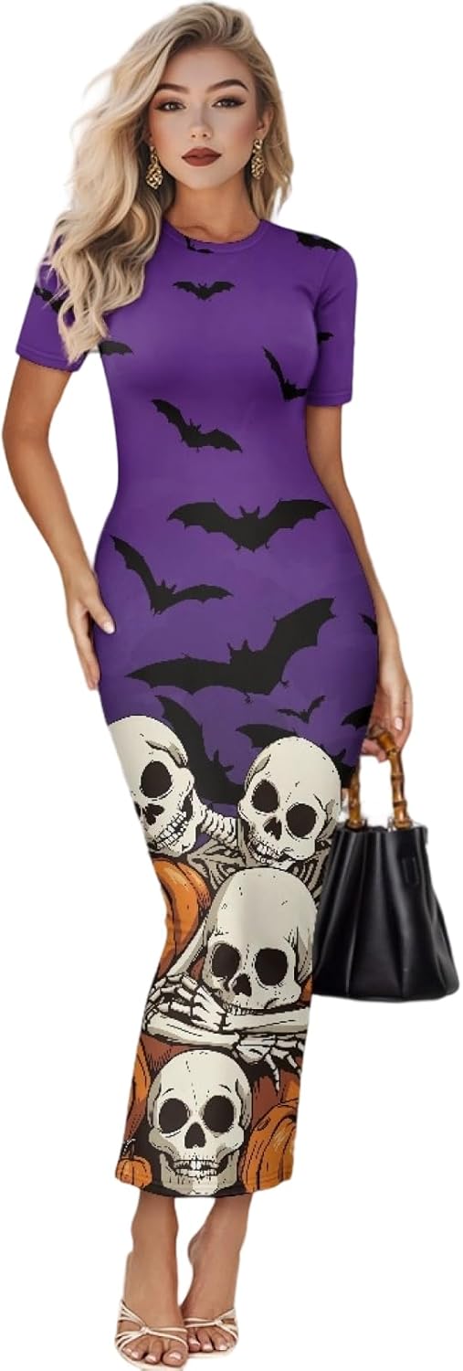 Women's Jamaican Flag Bodycon Midi Dress Short Sleeve Skeletons, Pumpkins, Bats