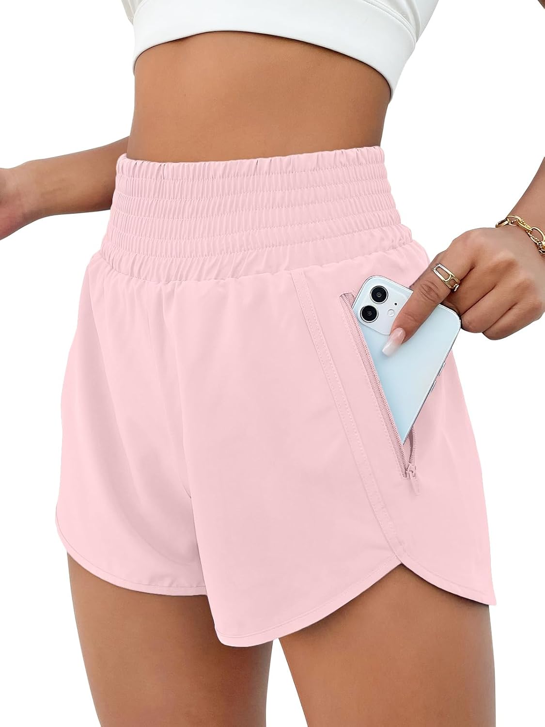 High Waisted Athletic Shorts Women Running Workout Shorts with Pockets Gym Sporty Babypink013