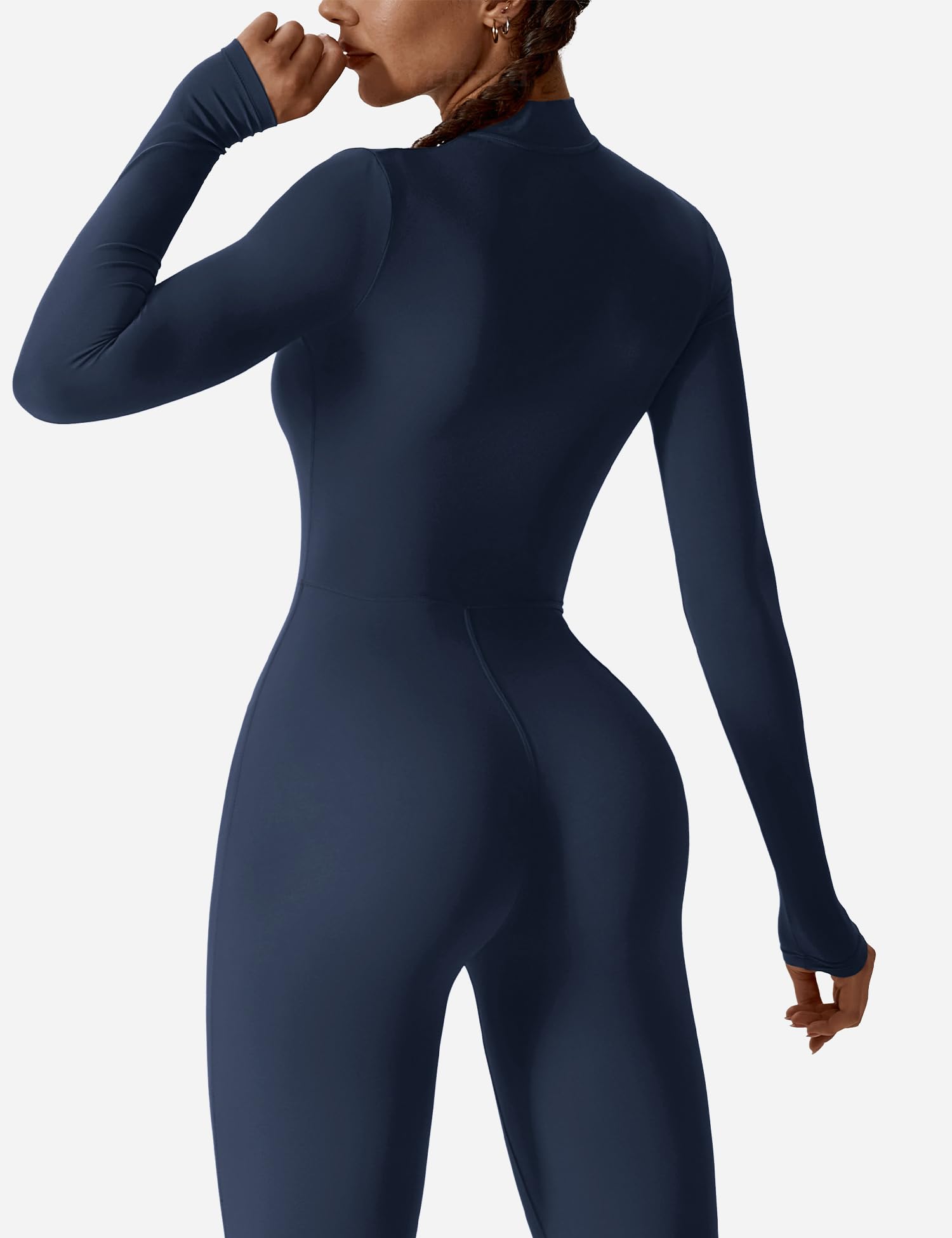Women's Long Sleeve Workout Jumpsuit - Zip Up Bodycon Romper One Piece