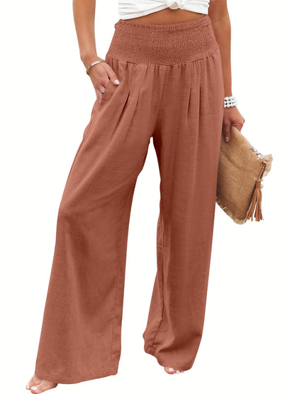 Linen Palazzo Pants Women Wide Leg High Waist Summer Boho Casual Lounge Pants Brick Red
