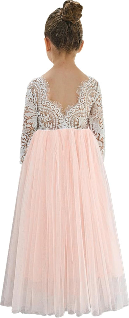 2Bunnies Girl Peony Lace Back A-Line Straight Tutu Tulle Party Flower Girl Dress 4T #2 Pink Sleeve Maxi