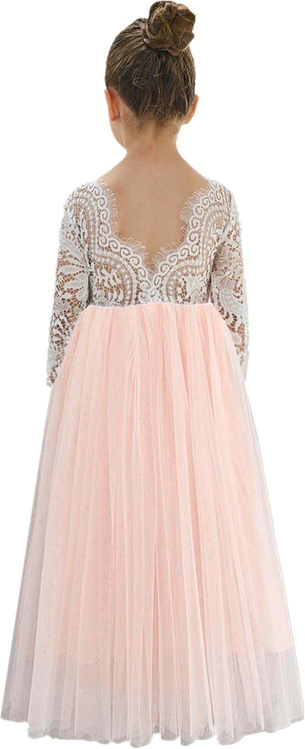 2Bunnies Girl Peony Lace Back A-Line Straight Tutu Tulle Party Flower Girl Dress 4T #2 Pink Sleeve Maxi