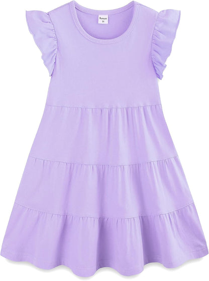 Bumeex Girl's Dresses Cotton Ruffle Sleeve Tiered Swing A-Line Cute Midi Casual Sundress 10-11 Years #Lt Purple