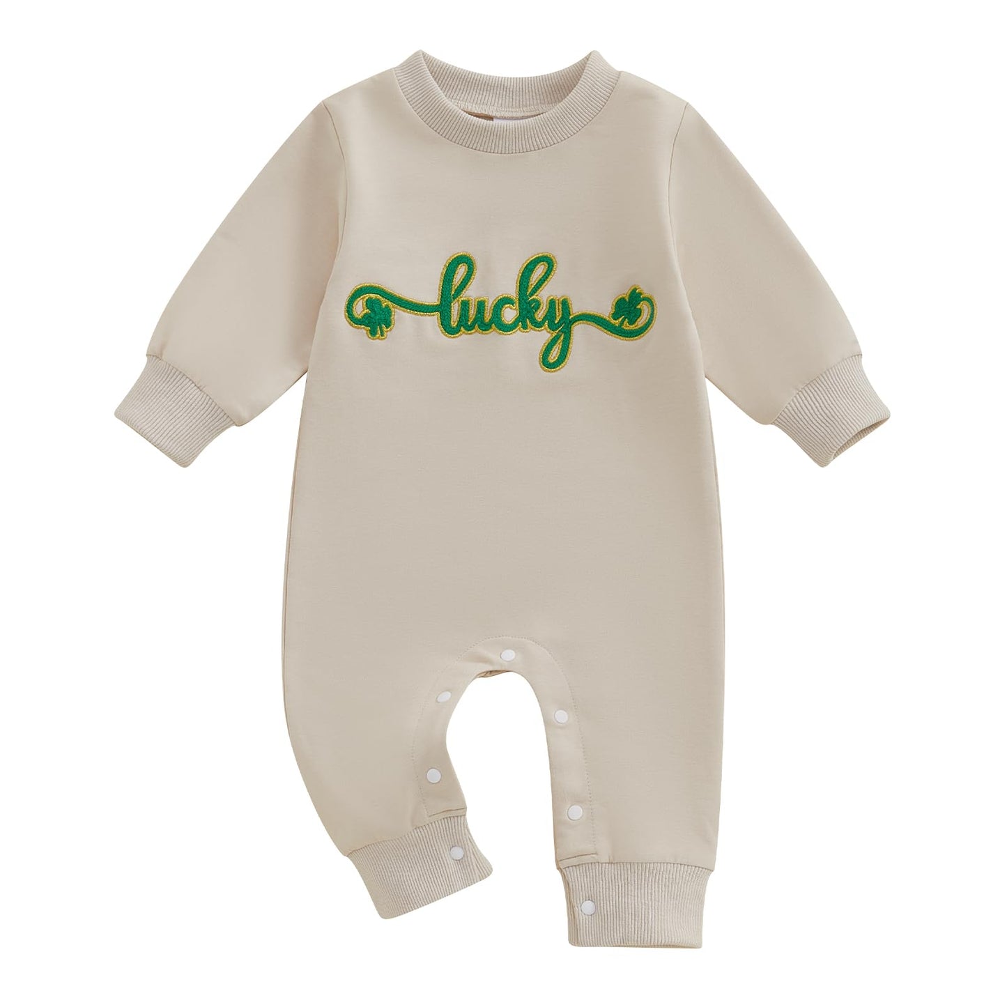 Baby Halloween Pumpkin Patch Romper - Long Sleeve Fall Winter Jumpsuit Embroidered Lucky Shamrock Beige St. Patrick's Day