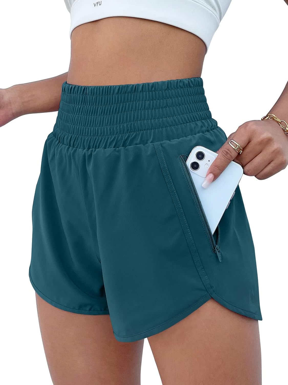 High Waisted Athletic Shorts Women Running Workout Shorts with Pockets Gym Sporty Borealis Blue