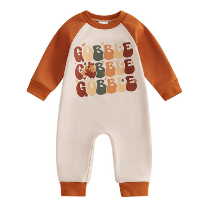 Baby Halloween Pumpkin Patch Romper - Long Sleeve Fall Winter Jumpsuit 0-3 Months Patchwork Gobble-khaki Thanksgiving