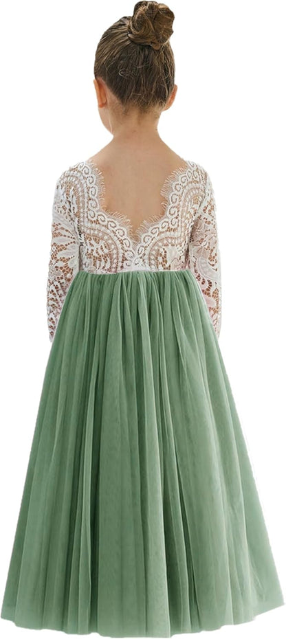 Girls Tulle Flower Girl Dress - Lace Back A-Line Party Dress Sage Sleeve Maxi