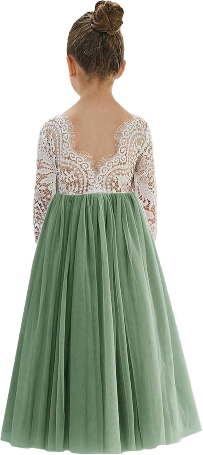Girls Tulle Flower Girl Dress - Lace Back A-Line Party Dress Sage Sleeve Maxi