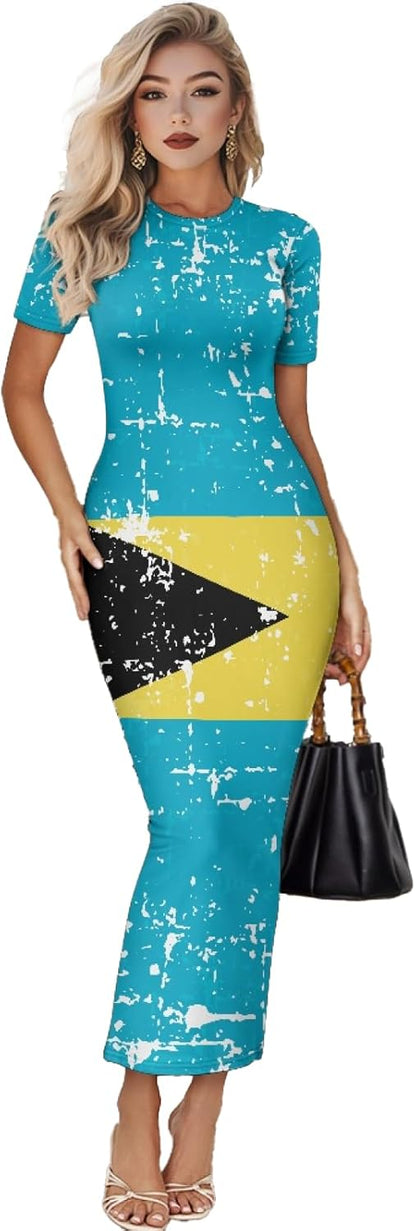 Women's Jamaican Flag Bodycon Midi Dress Short Sleeve Bahamas National Flag