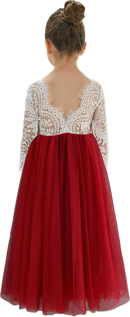 Girls Tulle Flower Girl Dress - Lace Back A-Line Party Dress Sleeve Wine Red Maxi