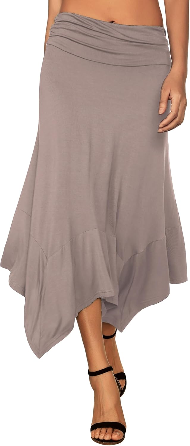 Women's Flowy Handkerchief Hemline Midi Skirt - Elastic Waist Asymmetrical Hem
