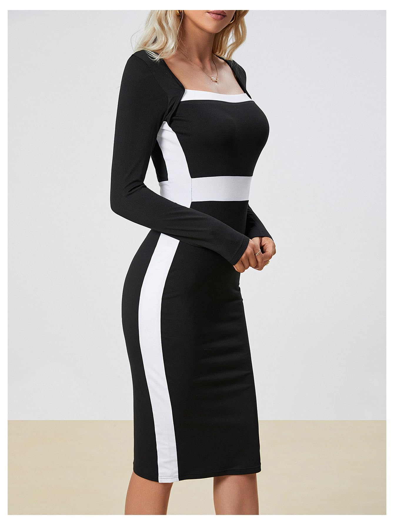 Women Midi Dress - Color Block Square Neck Long Sleeve Bodycon Dress