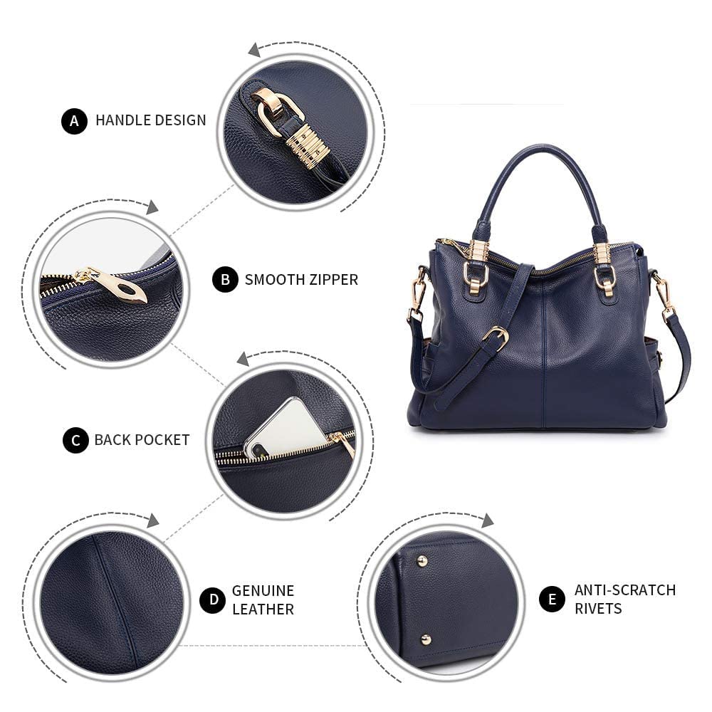 Women Genuine Leather Handbag - Soft Satchel Tote Shoulder Bag with Adjustable Strap