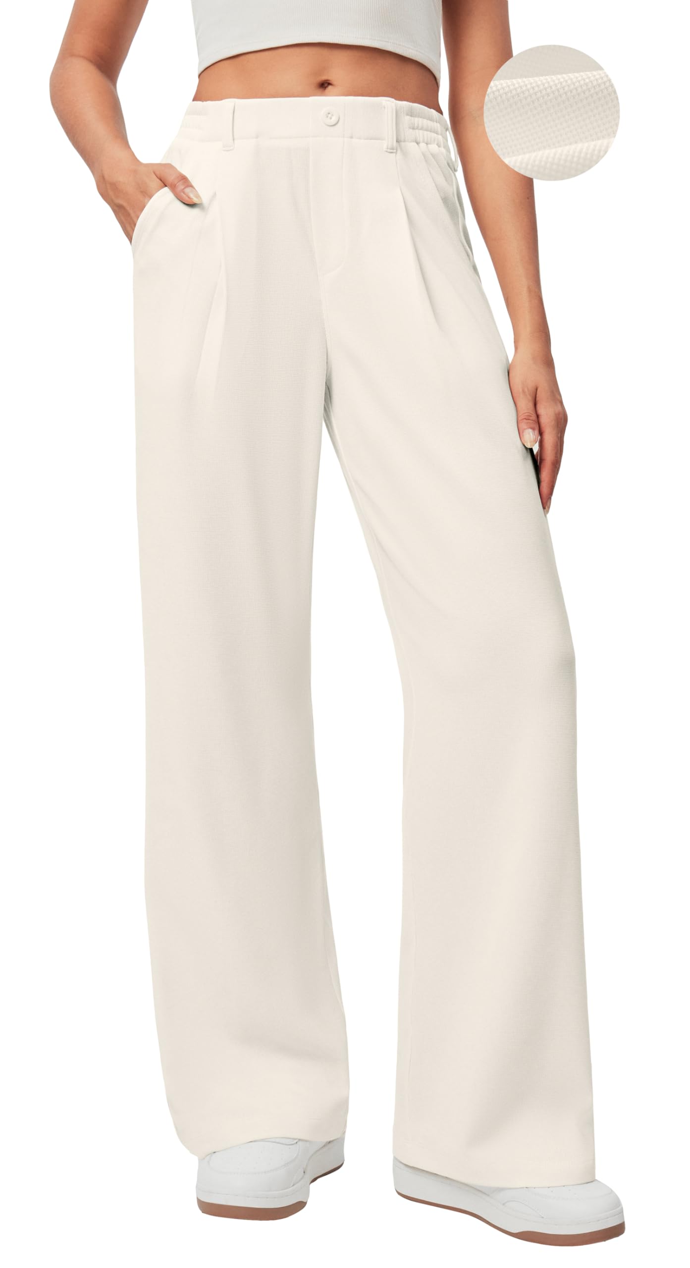 Women's Wide Leg Work Pants - Stretchy Pull-On Business Casual Trousers with Pockets