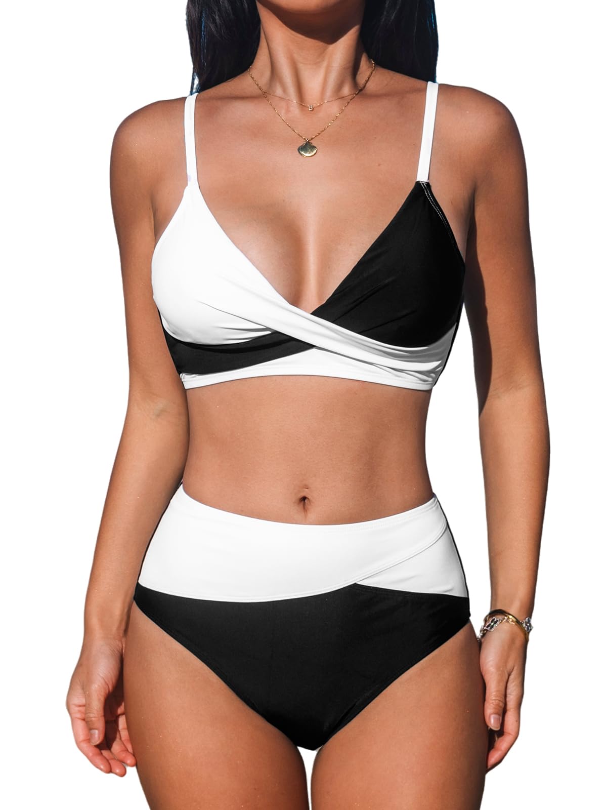 Women's High Waisted Bikini Set - V Neck Twist Front Two Piece Swimsuit with Adjustable Straps Black White