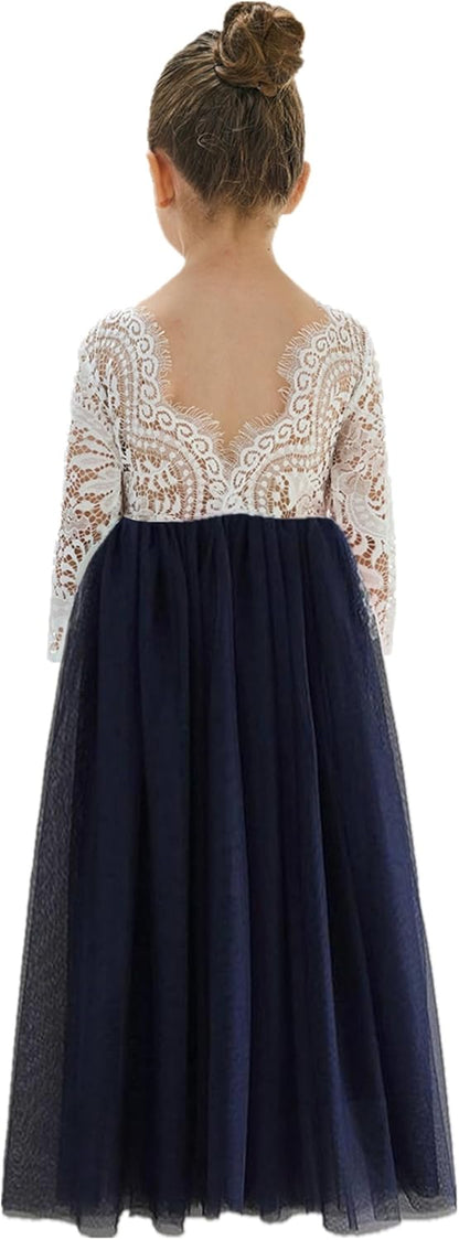 Girls Tulle Flower Girl Dress - Lace Back A-Line Party Dress Navy Sleeve Maxi