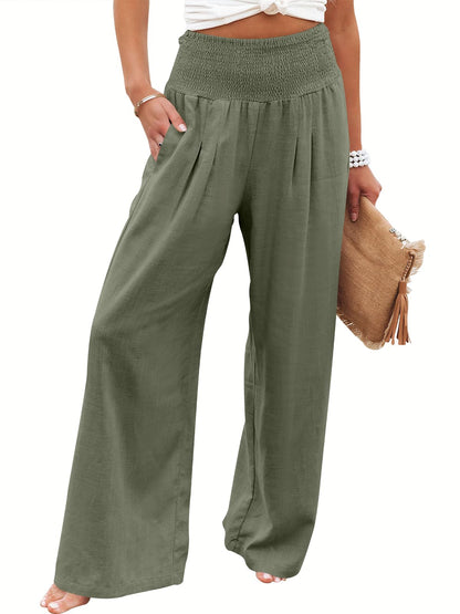 Linen Palazzo Pants Women Wide Leg High Waist Summer Boho Casual Lounge Pants Olive