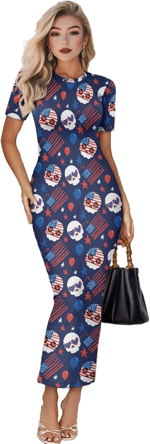Women's Jamaican Flag Bodycon Midi Dress Short Sleeve Star Striped American Flag Print